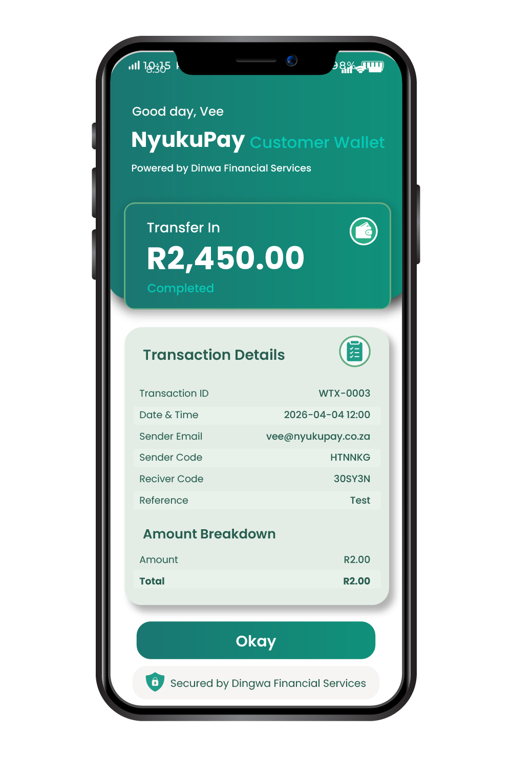 NyukuPay transaction details screen showing a completed wallet transfer